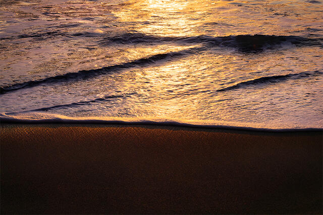 Golden sunset light glowing on textured ocean waves rolling onto dark sand beach, intimate coastal detail photography