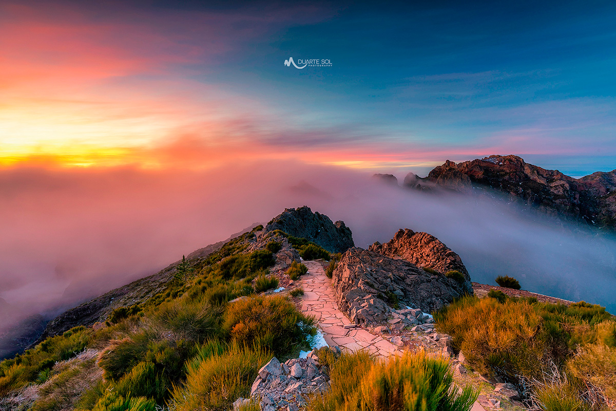 A winding stone path leads through rocky terrain and lush greenery under a colorful sunset sky with clouds.