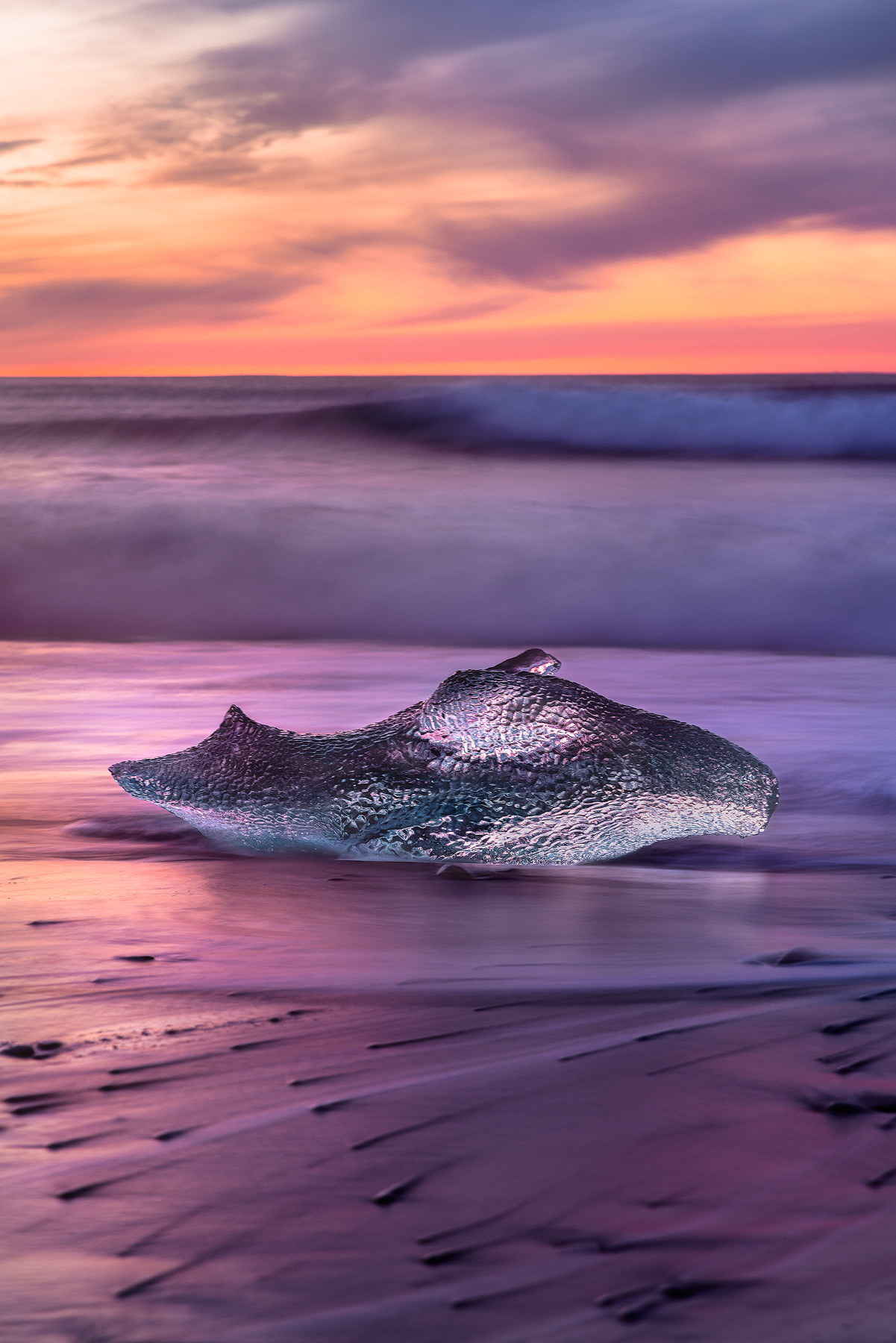 chunk of ice on black sand beach in Iceland during sunrise and crashing waves in the background.
