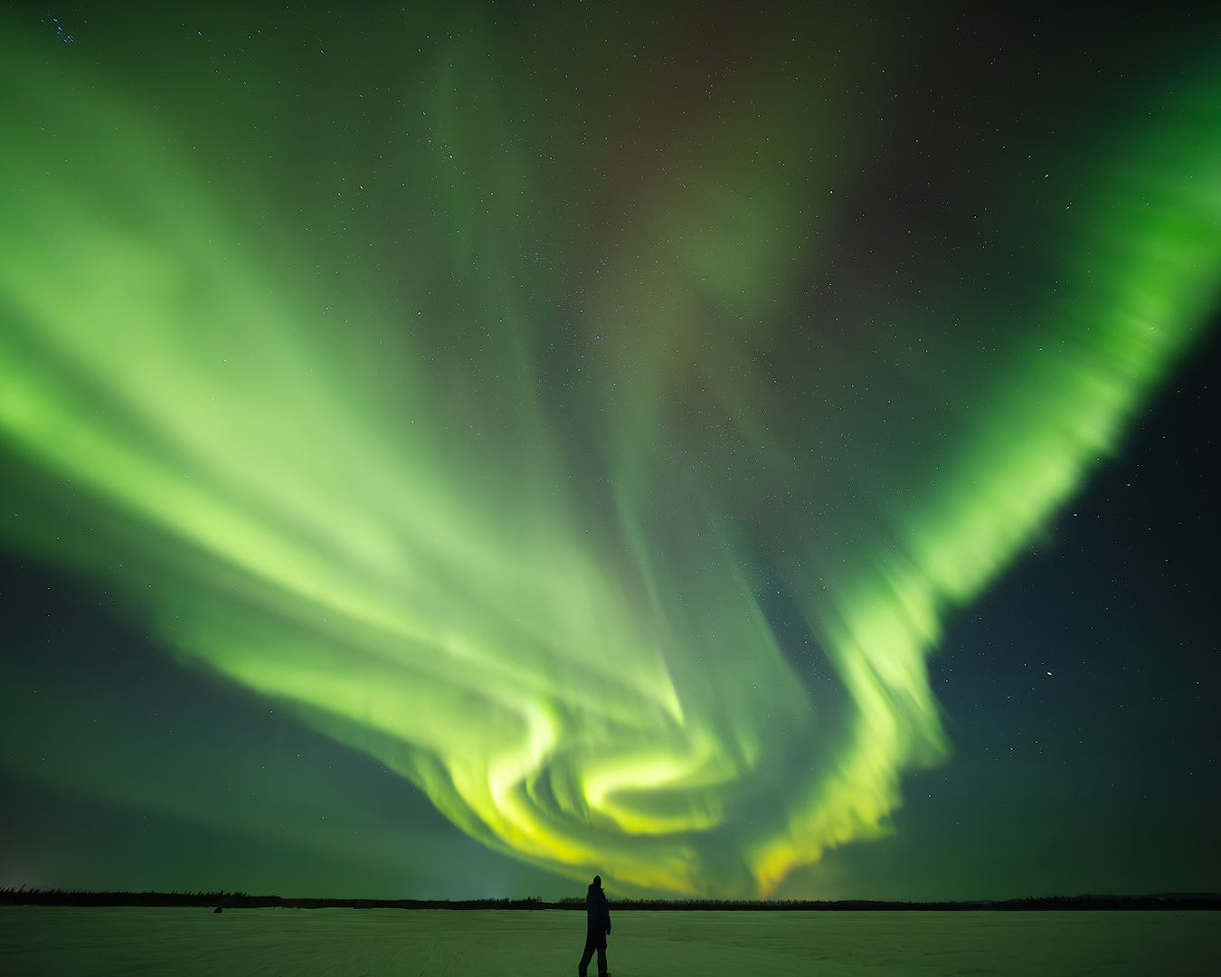 A person standing on ice watches vibrant green auroras swirling in the night sky.
