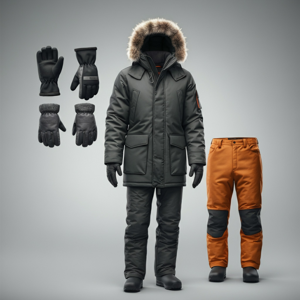 Essential layered clothing system for arctic photographers including insulated parka, weatherproof pants, heavy mittens and cold weather boots
