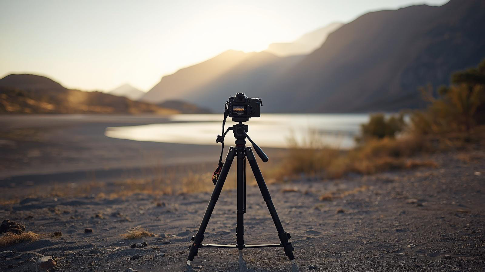 Camera mounted on sturdy tripod at beach sunrise showing essential landscape photography gear setup for beginners