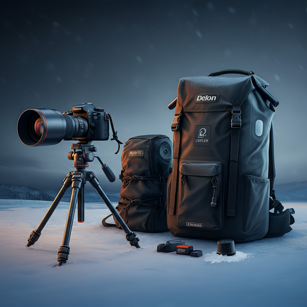 Professional weather-sealed camera bodies and lenses arranged for arctic photography including full-frame DSLR and mirrorless systems