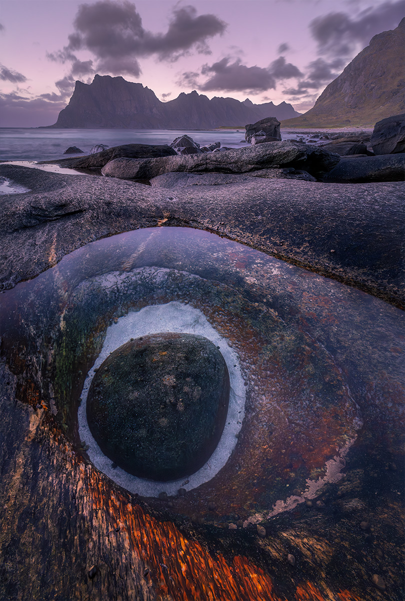 Dragons eye rock formation at Uttakliev beach in Lofoten, Norway