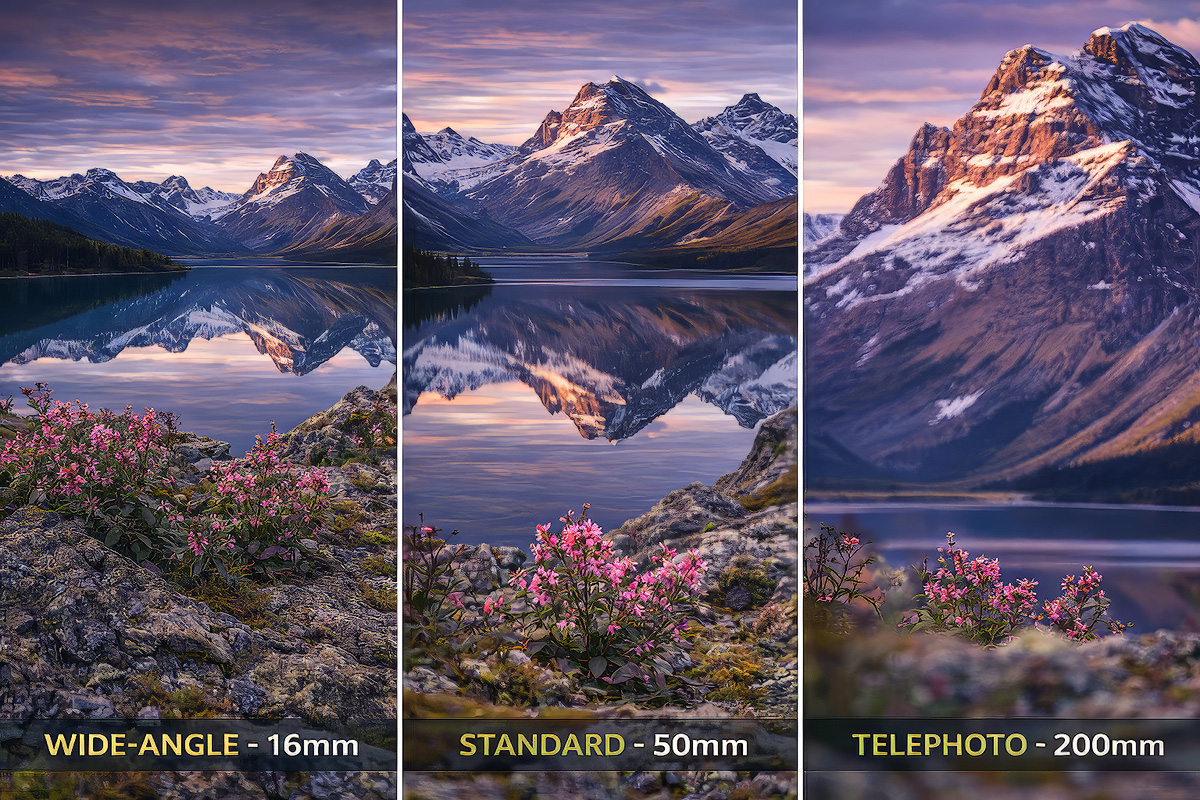 Three panel comparison showing same landscape scene photographed at wide angle standard and telephoto focal lengths for creative experimentation