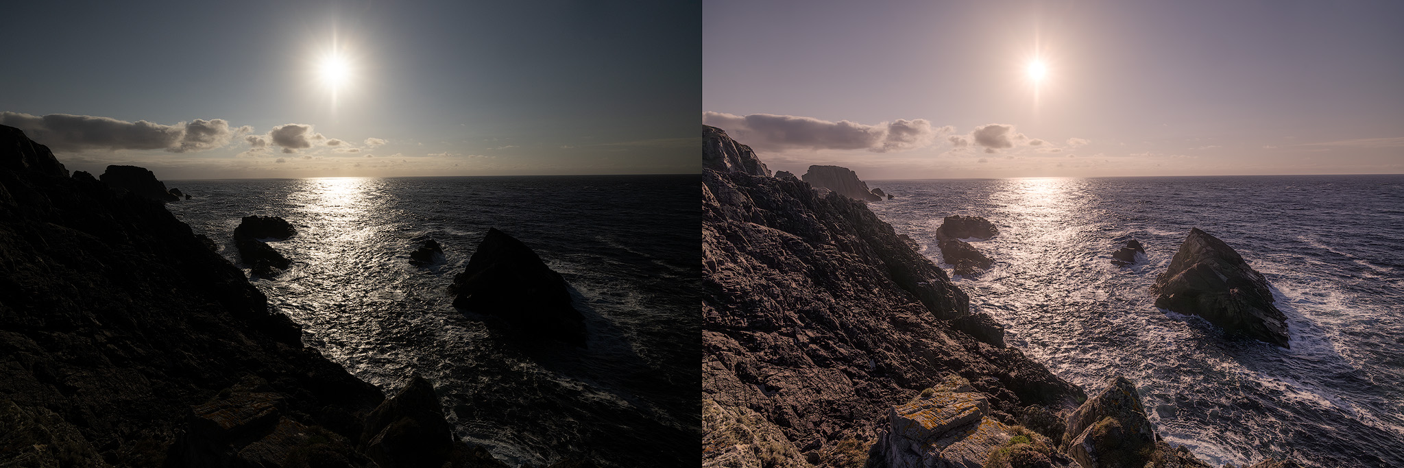Before and after comparison of highlights and shadows adjustment in landscape photograph balancing bright sky with dark foreground