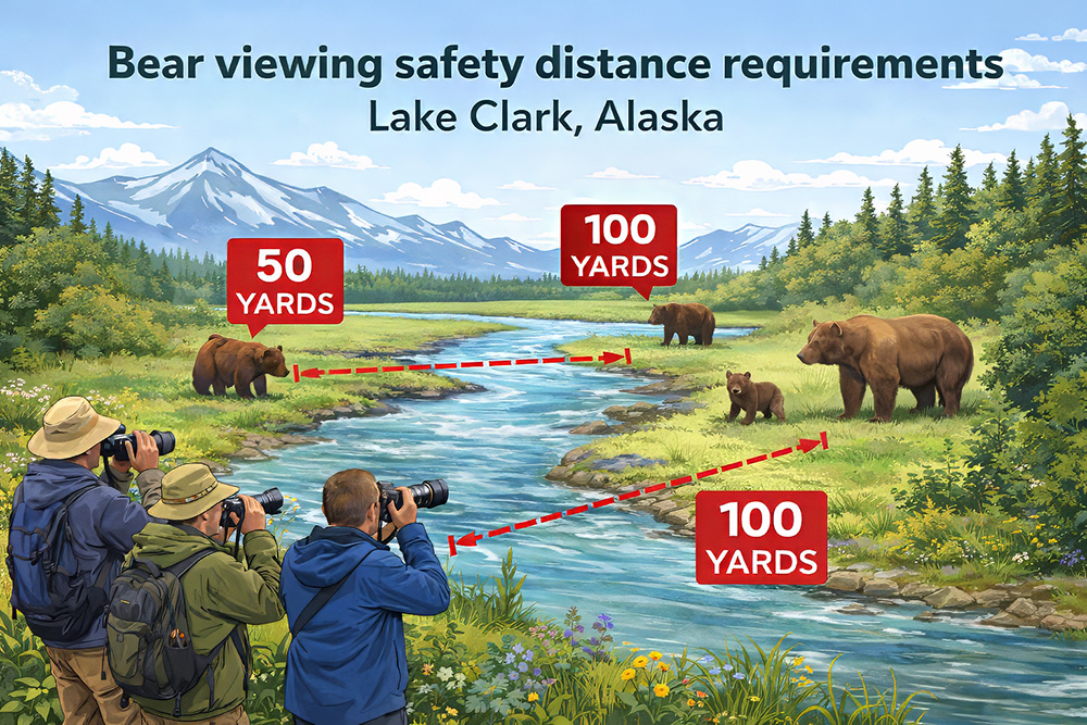 Infographic showing 50-yard and 100-yard National Park Service brown bear viewing distance requirements