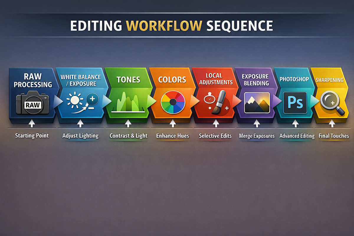 Landscape photography post-processing workflow infographic showing optimal editing order from RAW processing through Lightroom to Photoshop luminosity masks and final sharpening