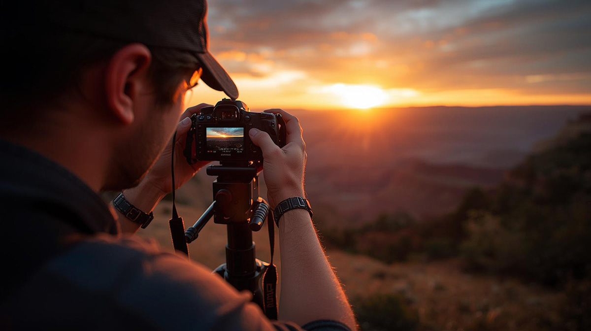Camera mounted on a tripod in the field during sunrise ready for landscape photography in aperture priority mode