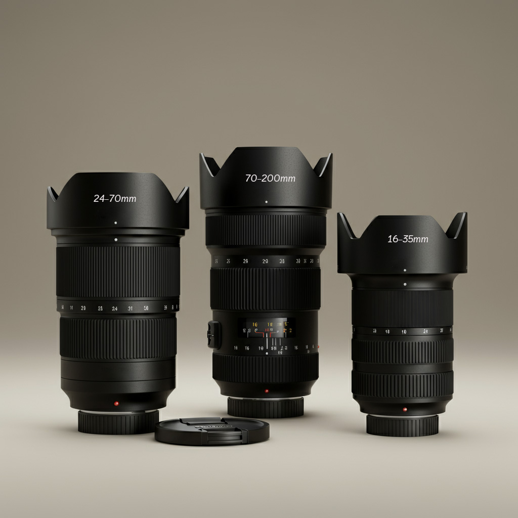 Complete camera lens selection for arctic photography including wide-angle, standard zoom and telephoto lenses for landscape and wildlife