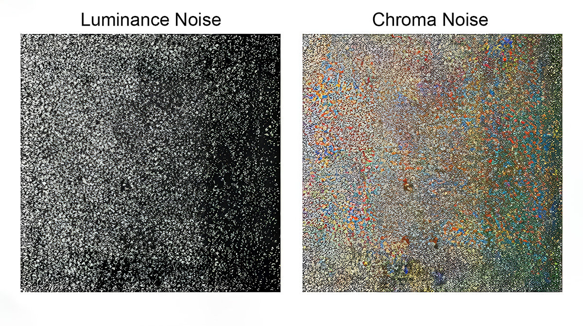 Luminance and chroma noise comparison showing grain texture versus colored artifacts in a high ISO photograph