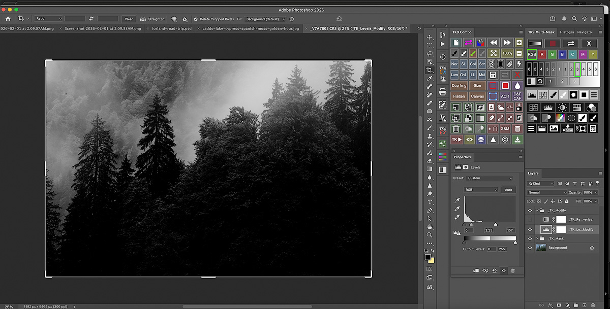 Luminosity mask selection in Photoshop showing precise tonal targeting for landscape photography highlight and shadow control