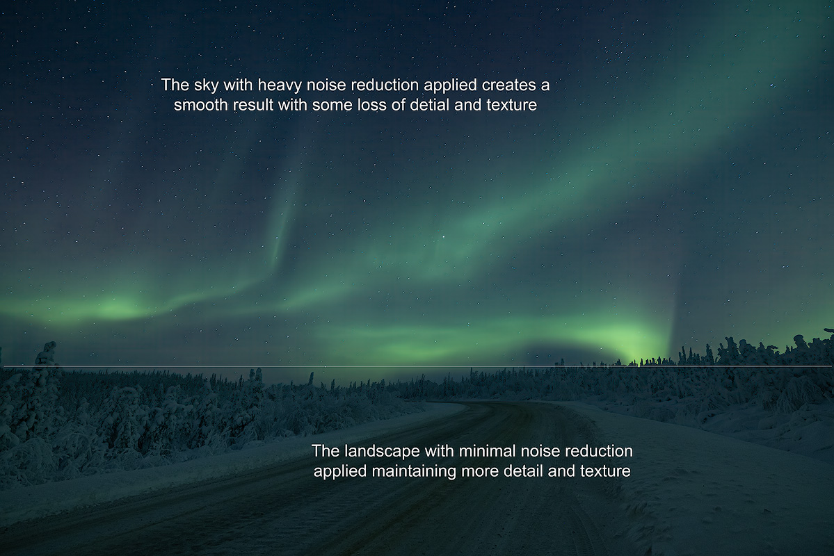 Selective noise reduction using luminosity masks showing heavy denoising on the aurora sky and minimal noise reduction on the snow-covered landscape to preserve detail