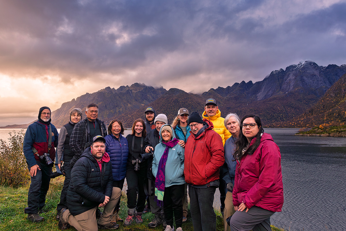 Small group landscape photography workshop in Lofoten Islands Norway with dramatic mountains and fjord at sunset