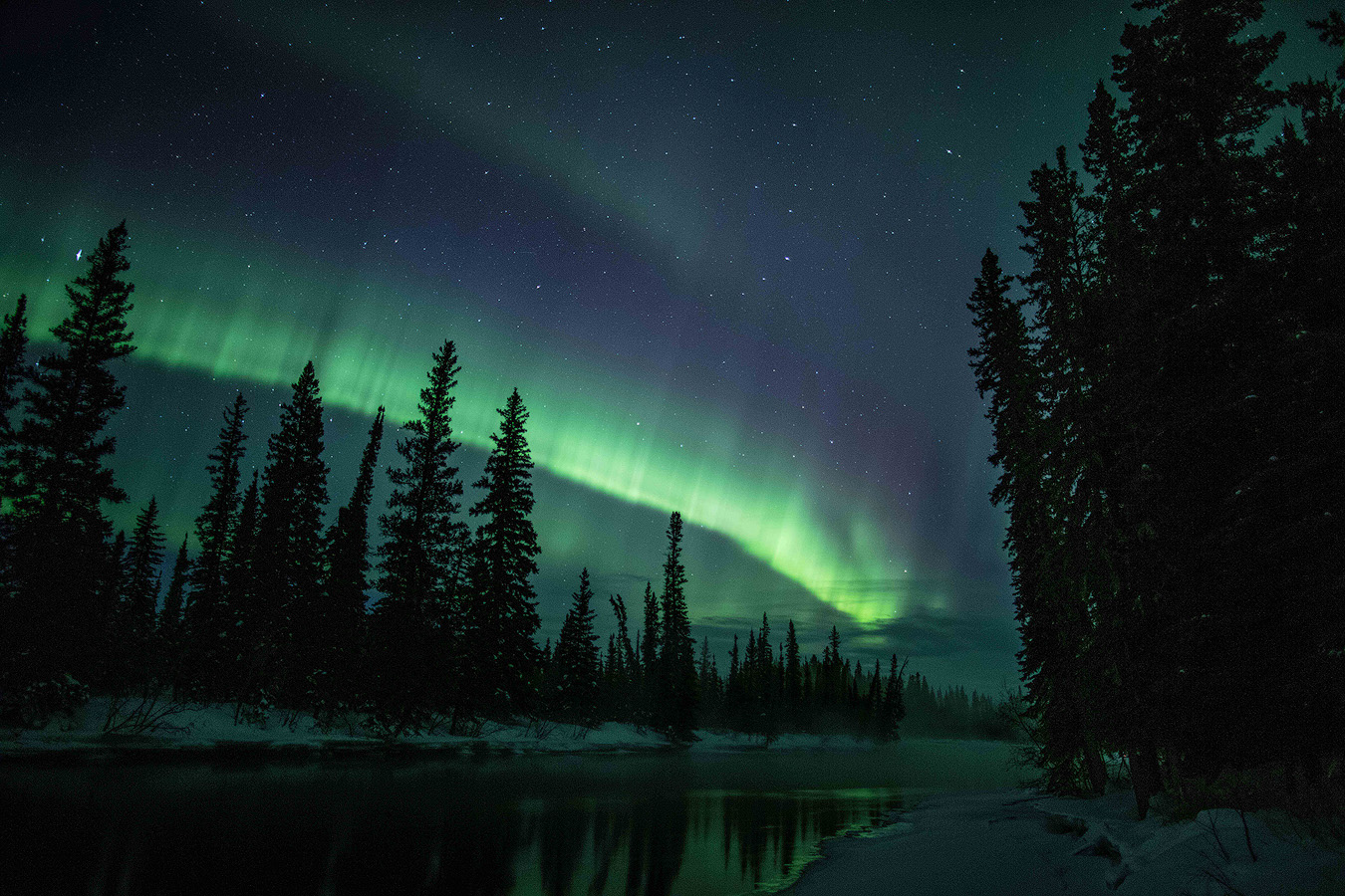 Aurora arc reflected in open river water with dark spruce silhouettes during the Spring 2026 Northern Lights Workshop in Alaska