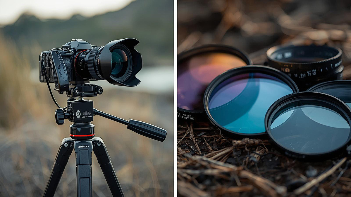 Camera on tripod with ND filter attached set up for long exposure landscape photography at a waterfall