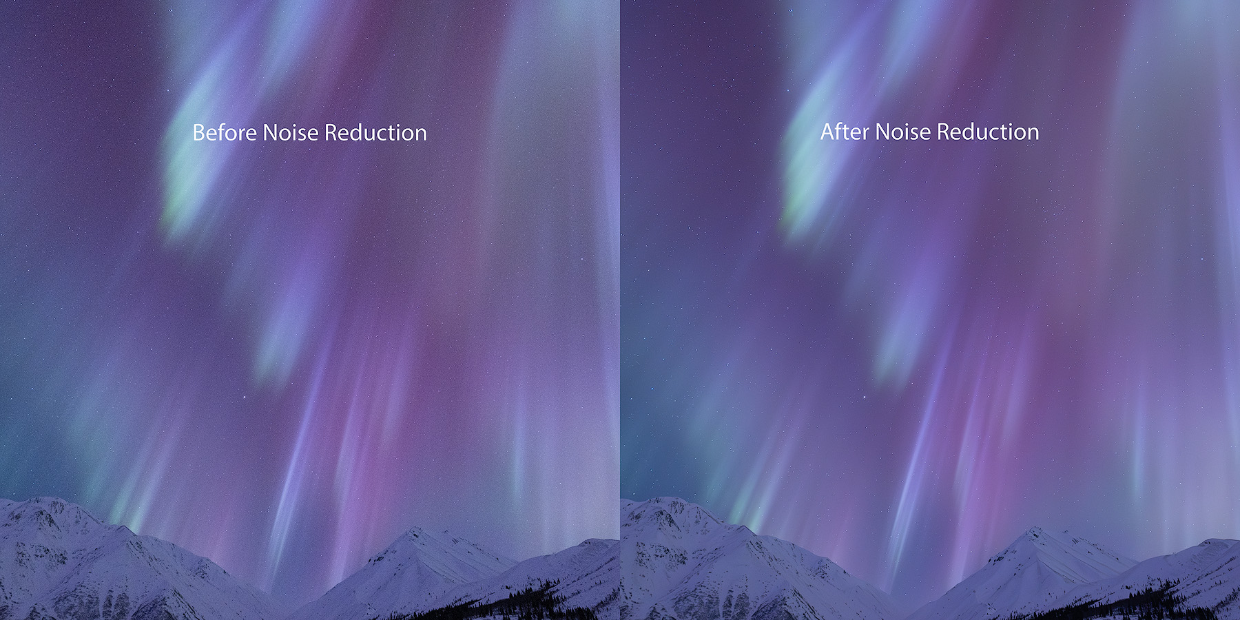 Aurora photograph at ISO 4000 before and after Adobe Lightroom noise reduction with detail and color preserved