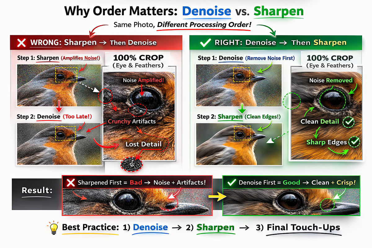 Noise reduction algorithm applied before versus after sharpening showing why denoising must come first in the editing workflow