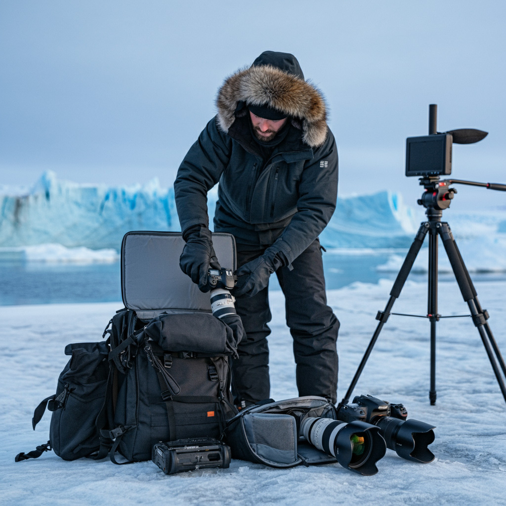 Professional photographer organizing weather-sealed camera bodies, telephoto lenses and arctic photography accessories in camera bag