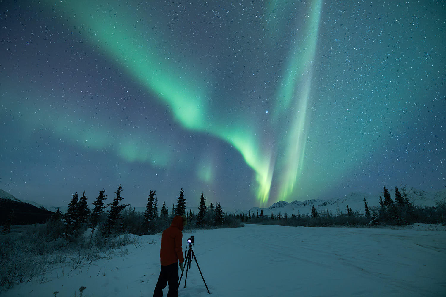 Photographer capturing northern lights with professional arctic photography gear in extreme cold conditions