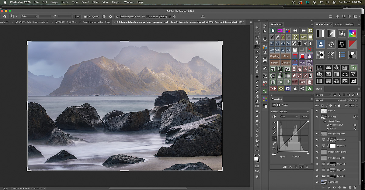 Adobe Photoshop interface showing landscape photography editing workflow with multiple adjustment layers, luminosity masks, and organized layer structure