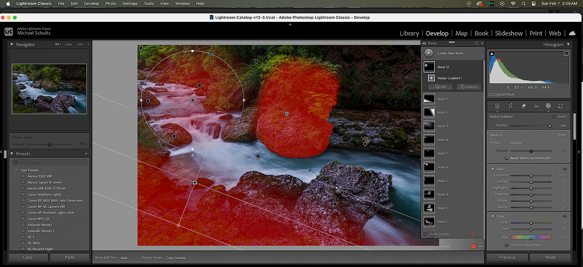 Different mask types in Adobe Photoshop for landscape photography including layer masks, gradient masks, and radial masks