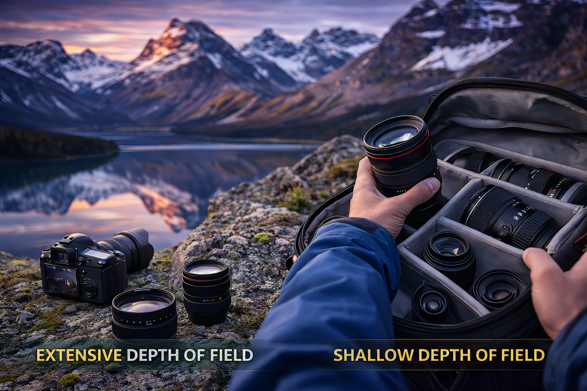 Landscape photography equipment showing prime and zoom lenses representing the creative choice between fixed and variable focal lengths