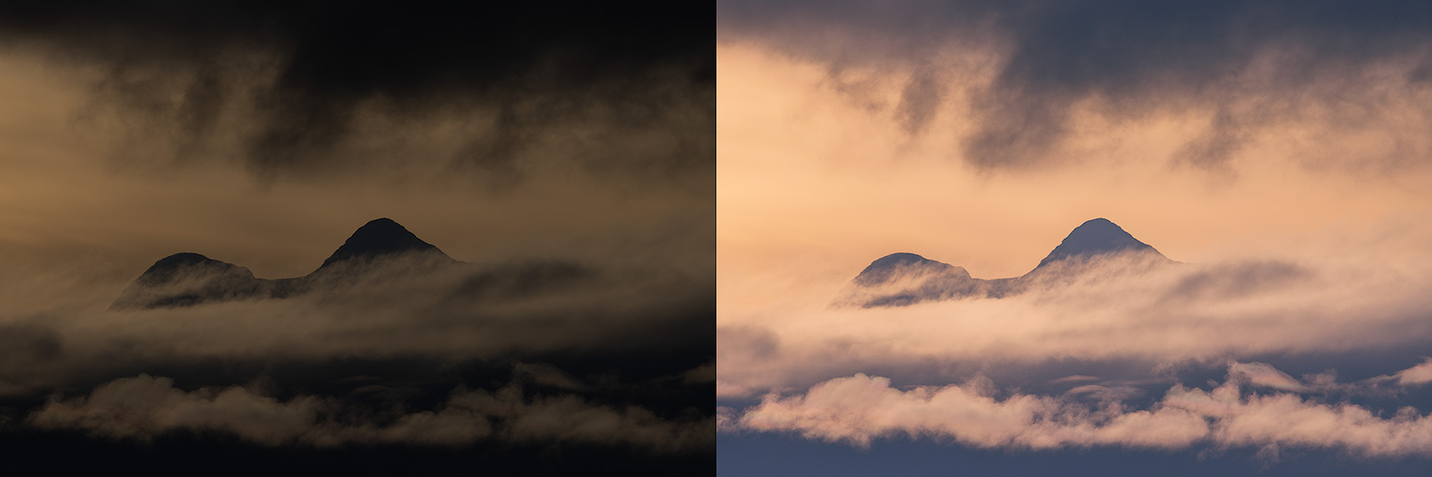 Comparison of RAW file versus JPEG showing greater dynamic range and editing flexibility in RAW format for landscape photography