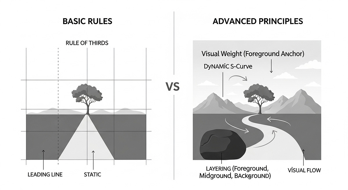 Diagram comparing basic composition rules including rule of thirds and leading lines versus advanced principles like visual flow layering and foreground anchors