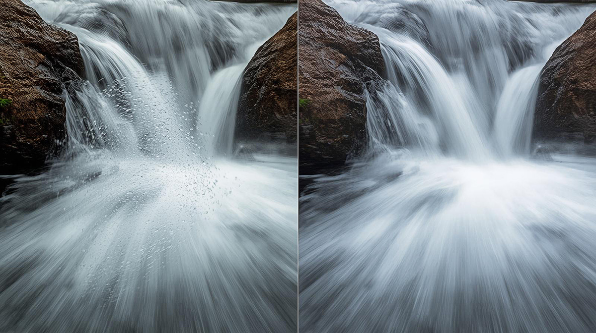Side-by-side comparison of the same waterfall photographed at fast and slow shutter speeds showing frozen droplets versus silky smooth water flow