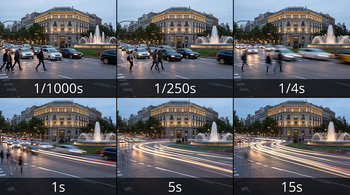Progression of the same waterfall scene photographed at six different shutter speeds from 1/1000 second to 15 seconds showing the effect on water motion