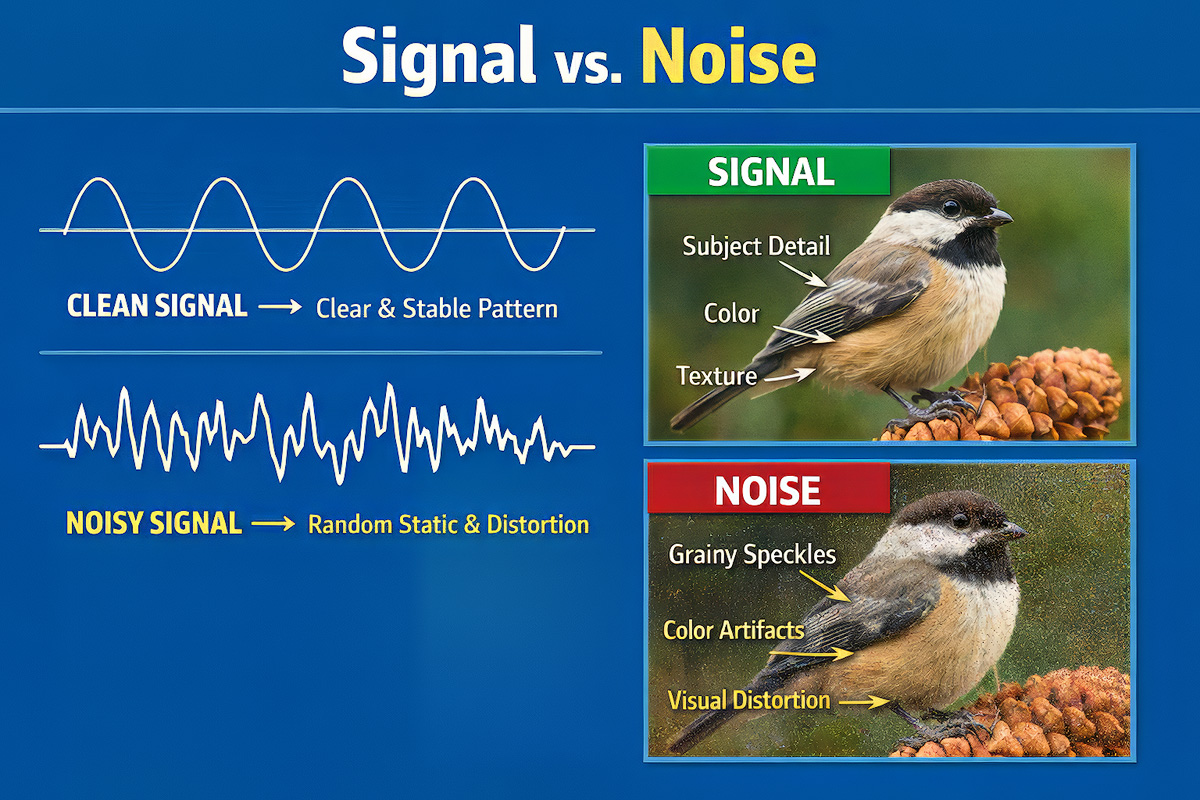 Signal to noise ratio diagram showing the relationship between useful image signal and unwanted noise at different ISO levels