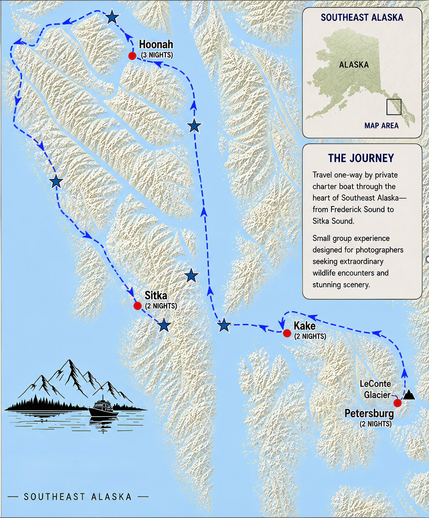 Route map of the Southeast Alaska wildlife photography tour through the Inside Passage, linking Petersburg, Kake, Hoonah and Sitka by boat