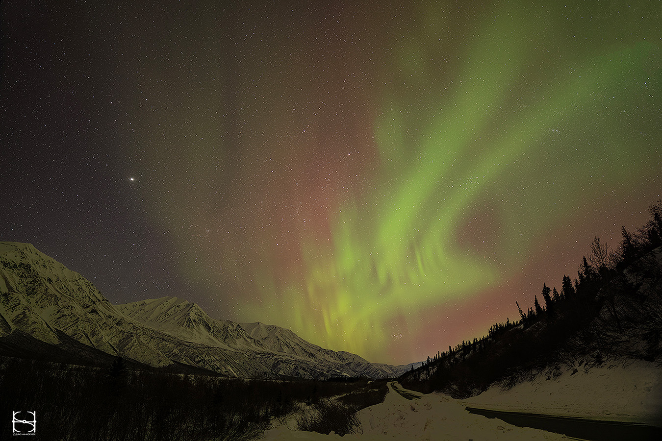 Vertical aurora curtains with red atmospheric glow over the Eastern Alaska Range during the Spring 2026 lunar eclipse night