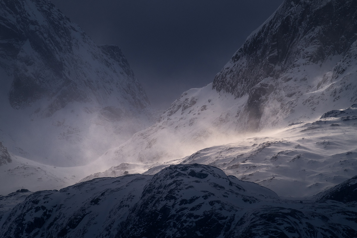 Windswept snow across an Arctic Norway mountain landscape